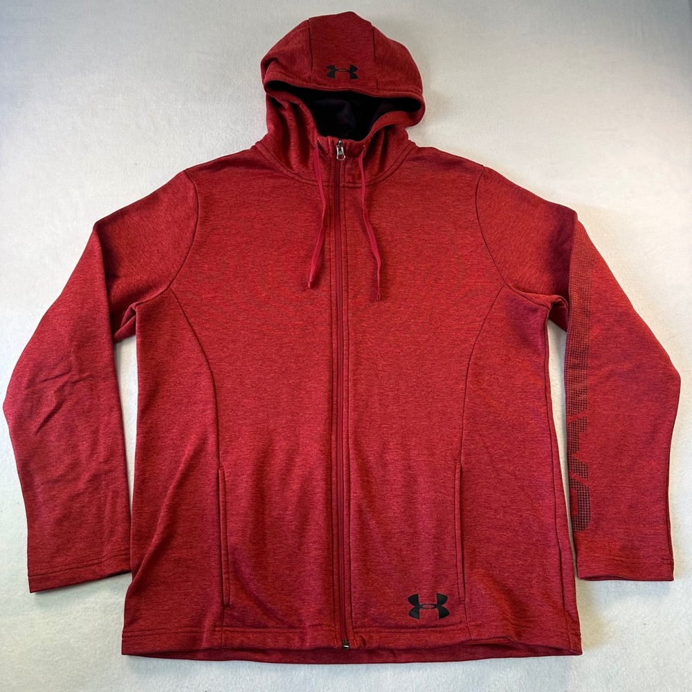 Under Armour Men ColdGear Full Zip Hoodie Red Heathered Fleece Jacket 1325145 LG